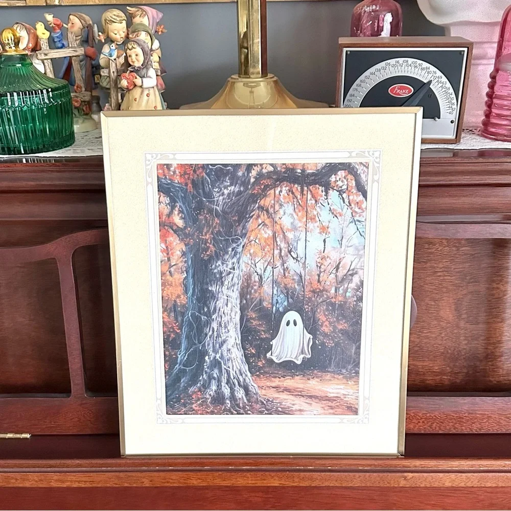 Haunting Ghost on a Swing Painting Poster Gold Framed Wall Art Dark Academia